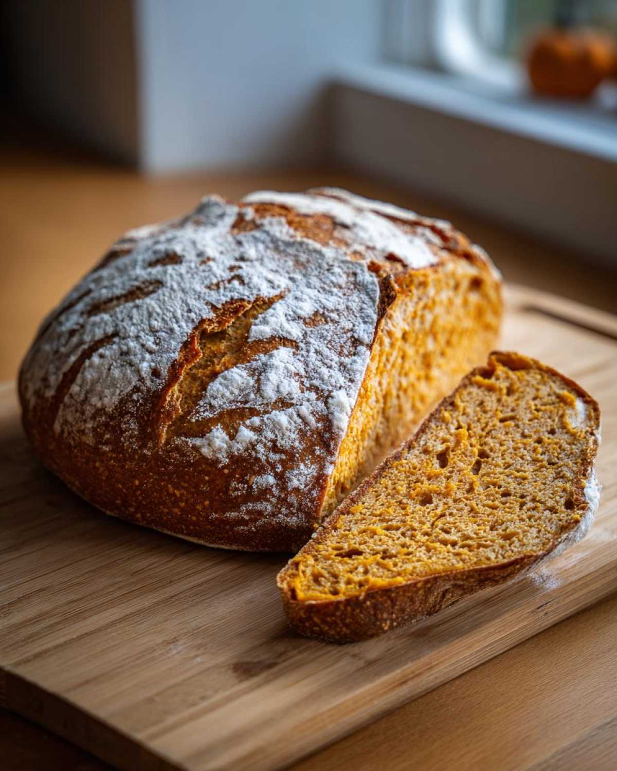 A loaf of pumpkin sourdough bread with a slice cut, dusted with flour, on a wooden board.