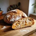 A loaf of pumpkin sourdough bread with a slice cut, showing the texture and pumpkin color.