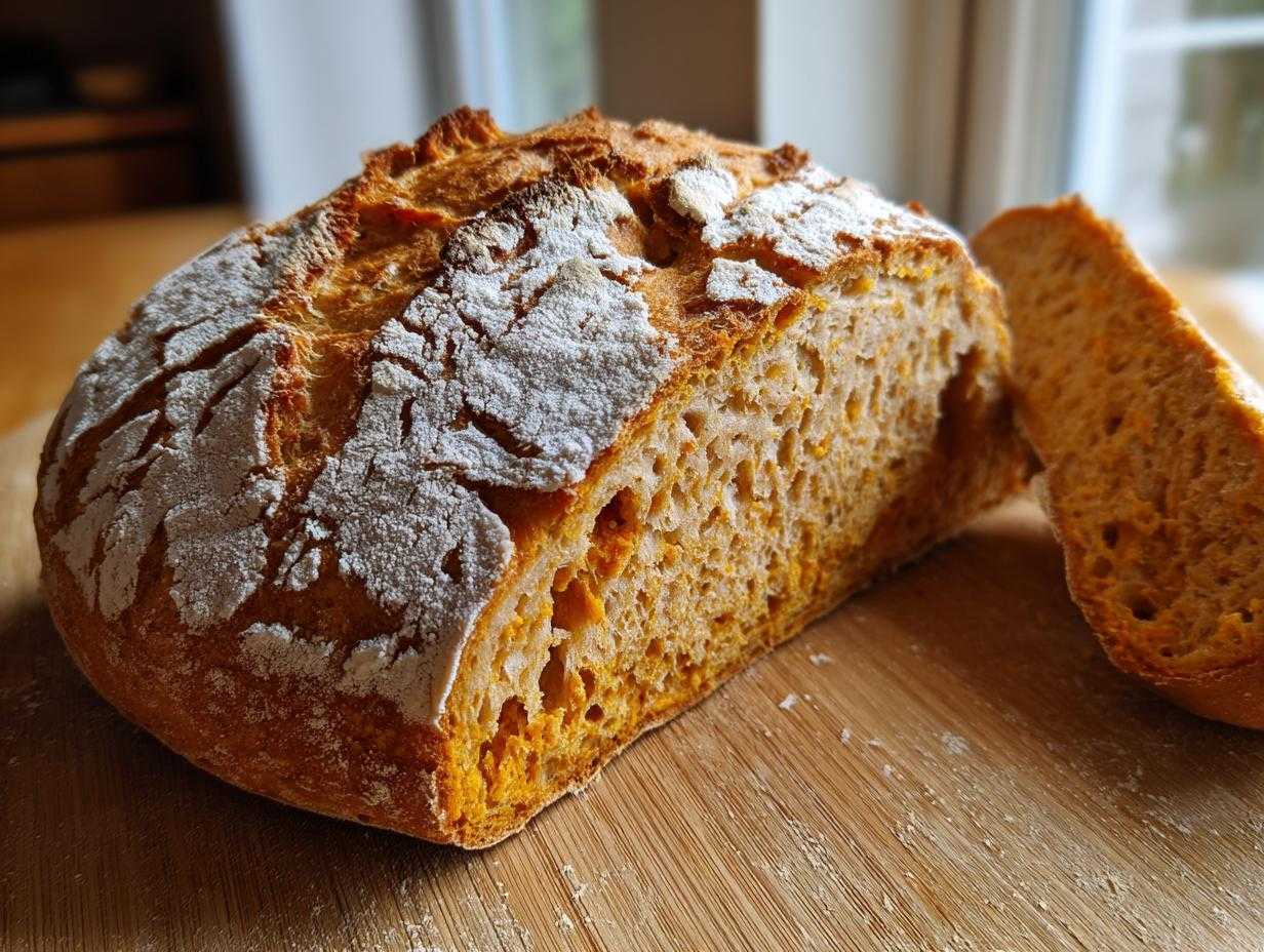 A loaf of pumpkin sourdough bread, sliced, showing the crumb and crust, on a wooden cutting board.