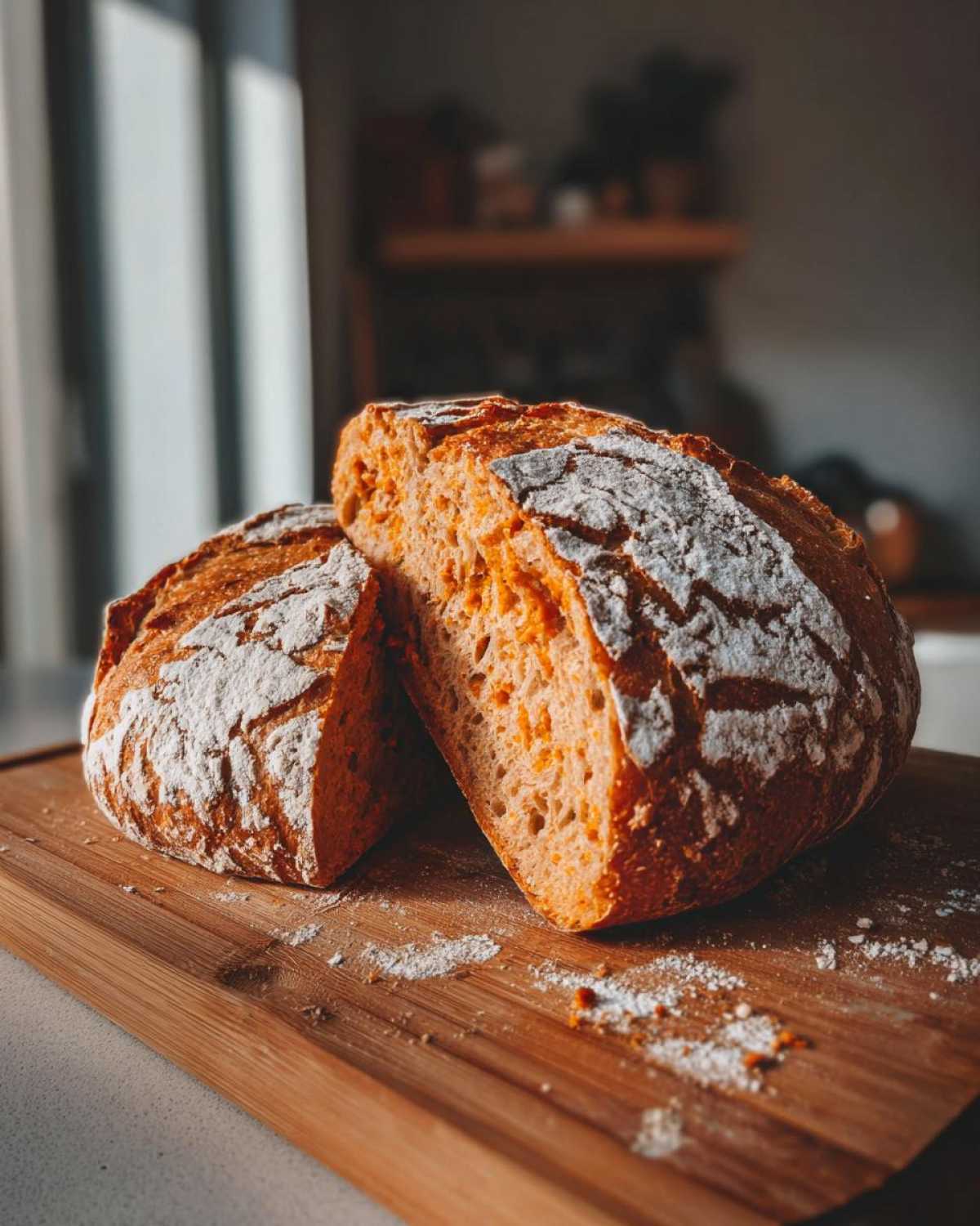 A loaf of pumpkin sourdough bread, sliced in half and displayed on a wooden cutting board with flour dusting.