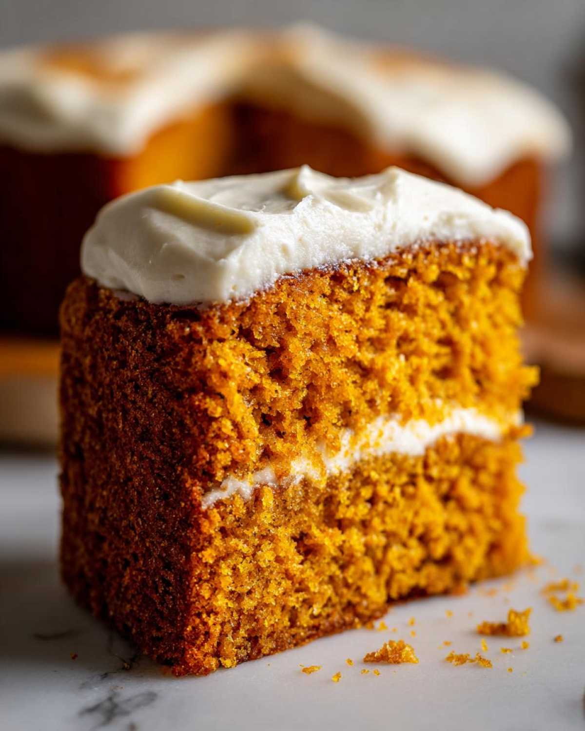 A delicious slice of pumpkin spice cake with creamy white frosting. Close-up shot of the cake's texture and layers.