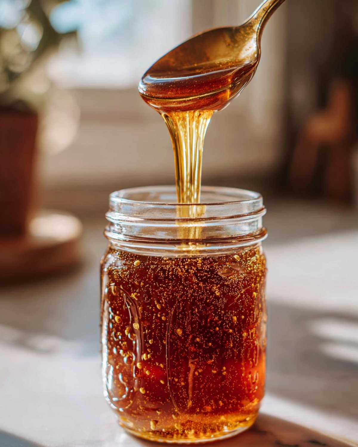 Golden pumpkin spice syrup being poured from a spoon into a glass jar.