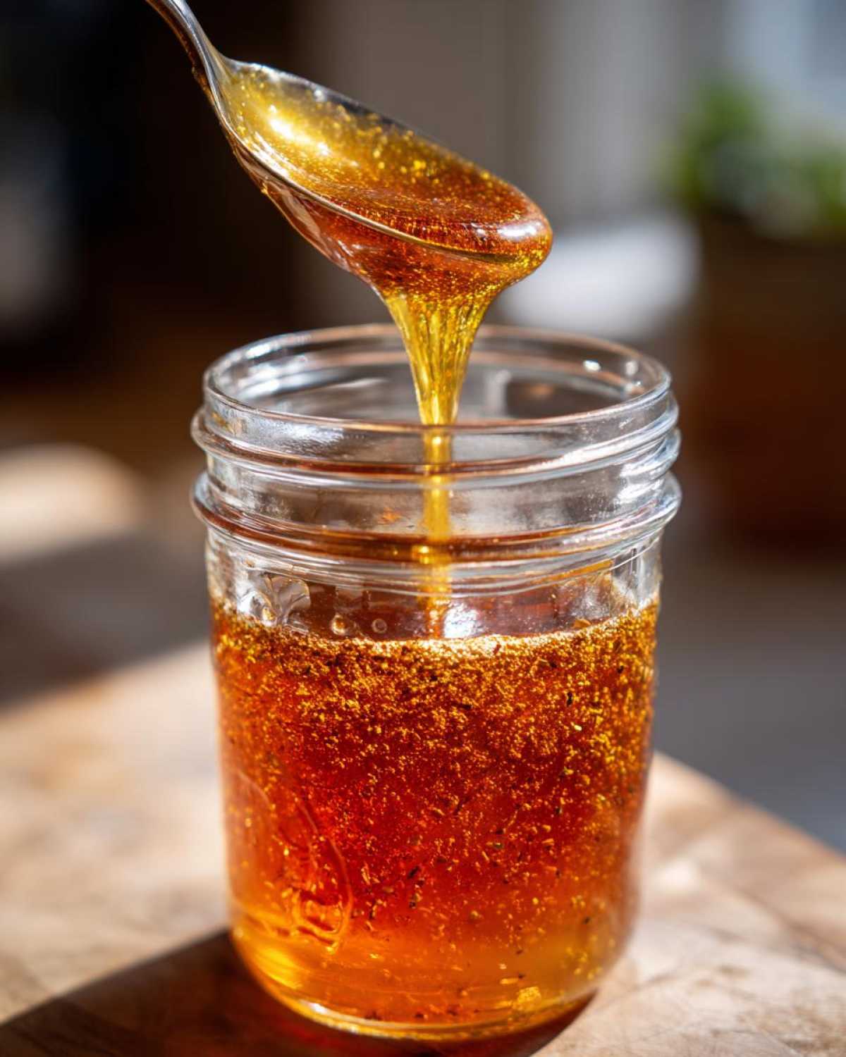 Close-up of pumpkin spice syrup being poured from a spoon into a glass jar.