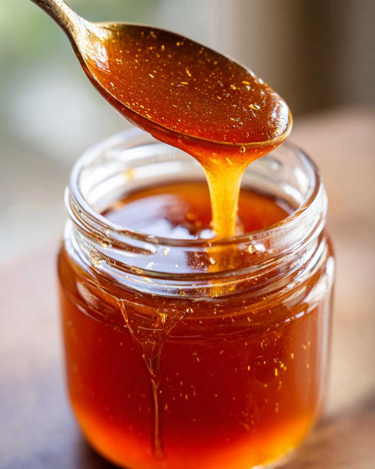 Close-up of pumpkin spice syrup being poured from a spoon into a glass jar.