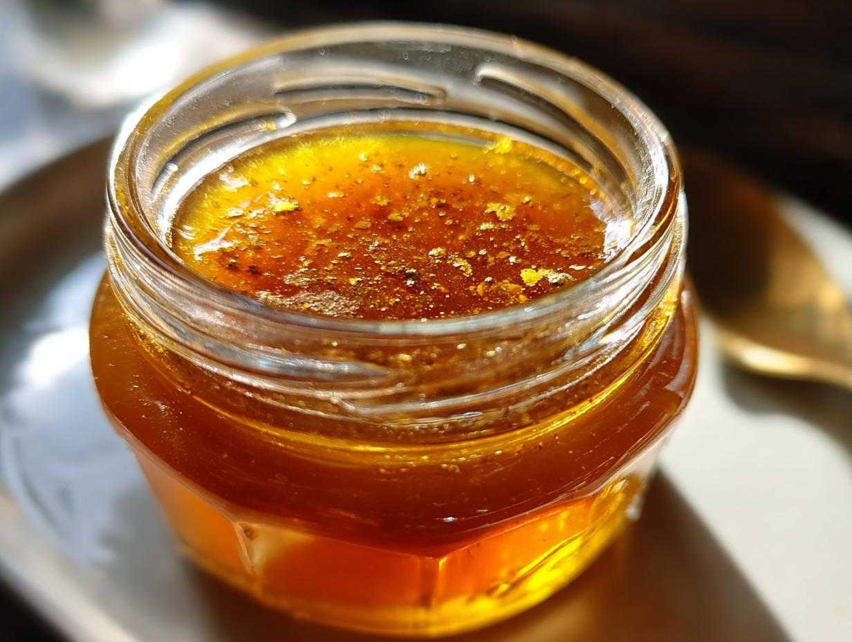 Close-up of a jar filled with golden pumpkin spice syrup, showcasing its rich color and texture.