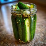A glass jar filled with crisp refrigerator pickles, showcasing the vibrant green cucumbers and pickling spices.