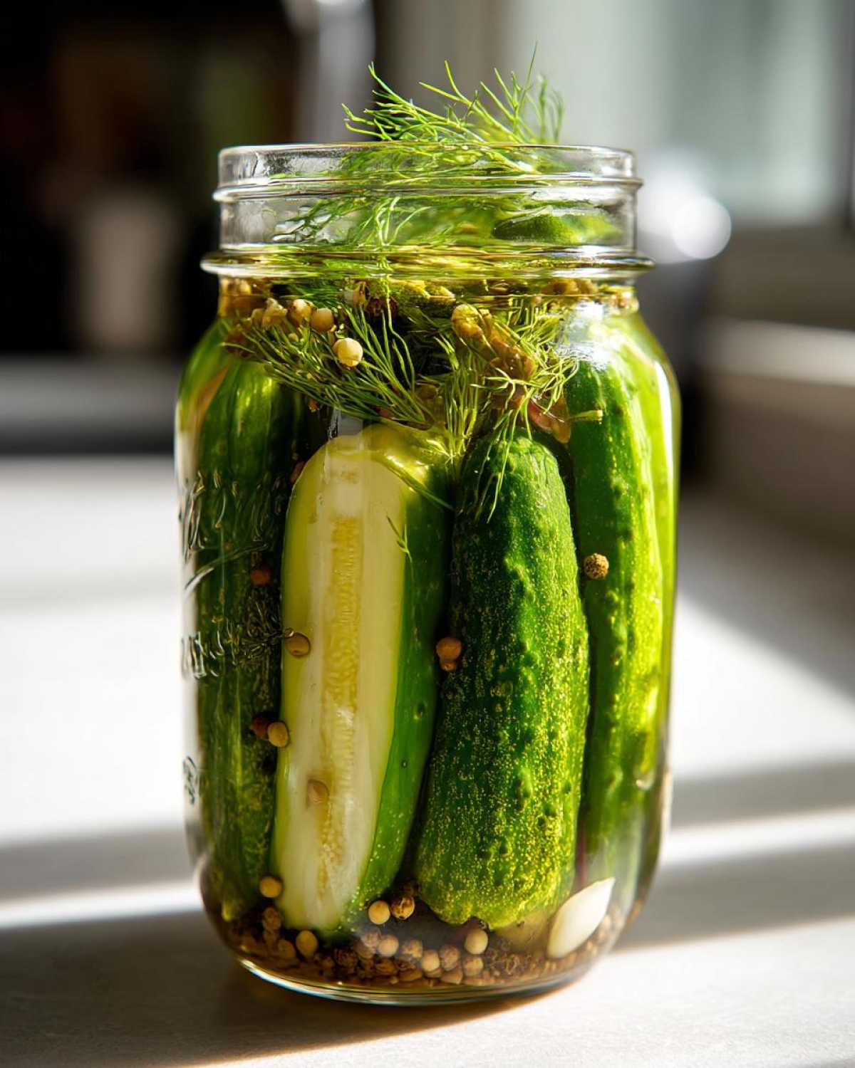 Close-up of a jar filled with crisp refrigerator pickles, dill, and spices in brine.