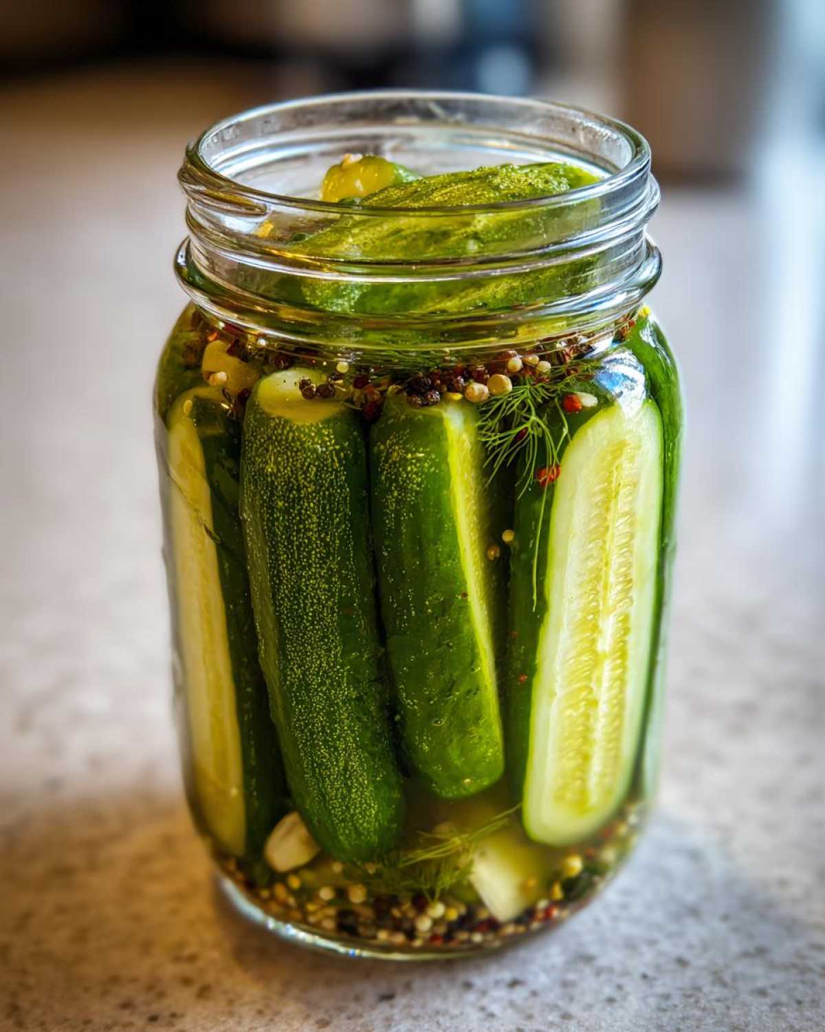 A glass jar filled with crisp refrigerator pickles, dill, garlic, and spices in brine.