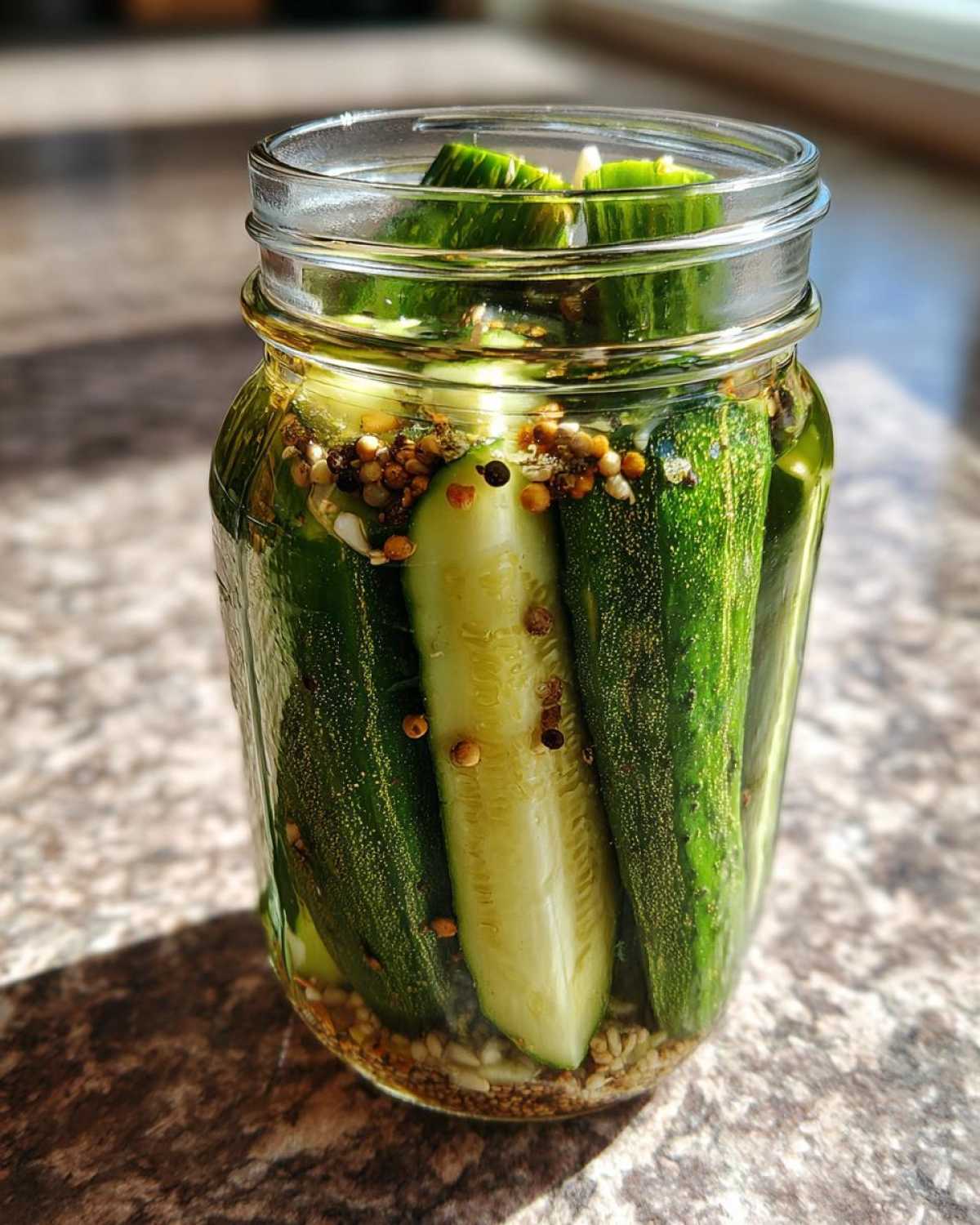 Close-up of a glass jar filled with crisp cucumber refrigerator pickles and pickling spices.