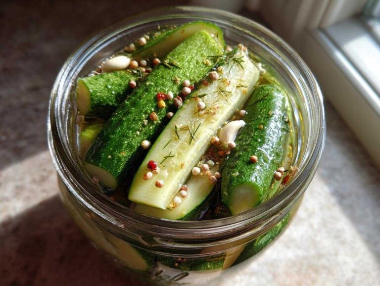 Overhead view of a glass jar filled with homemade refrigerator pickles, spices, and garlic.