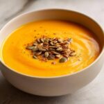Bowl of creamy roasted butternut squash soup topped with toasted pumpkin seeds.