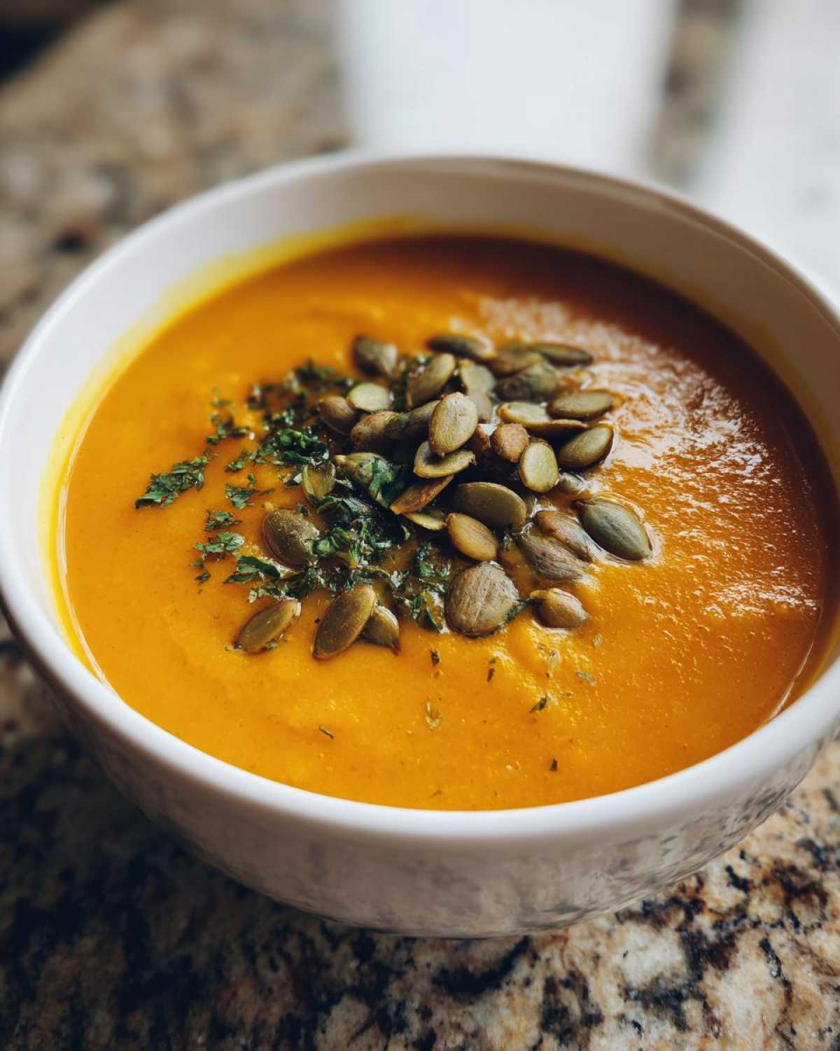 A bowl of creamy roasted butternut squash soup, garnished with pumpkin seeds and herbs.