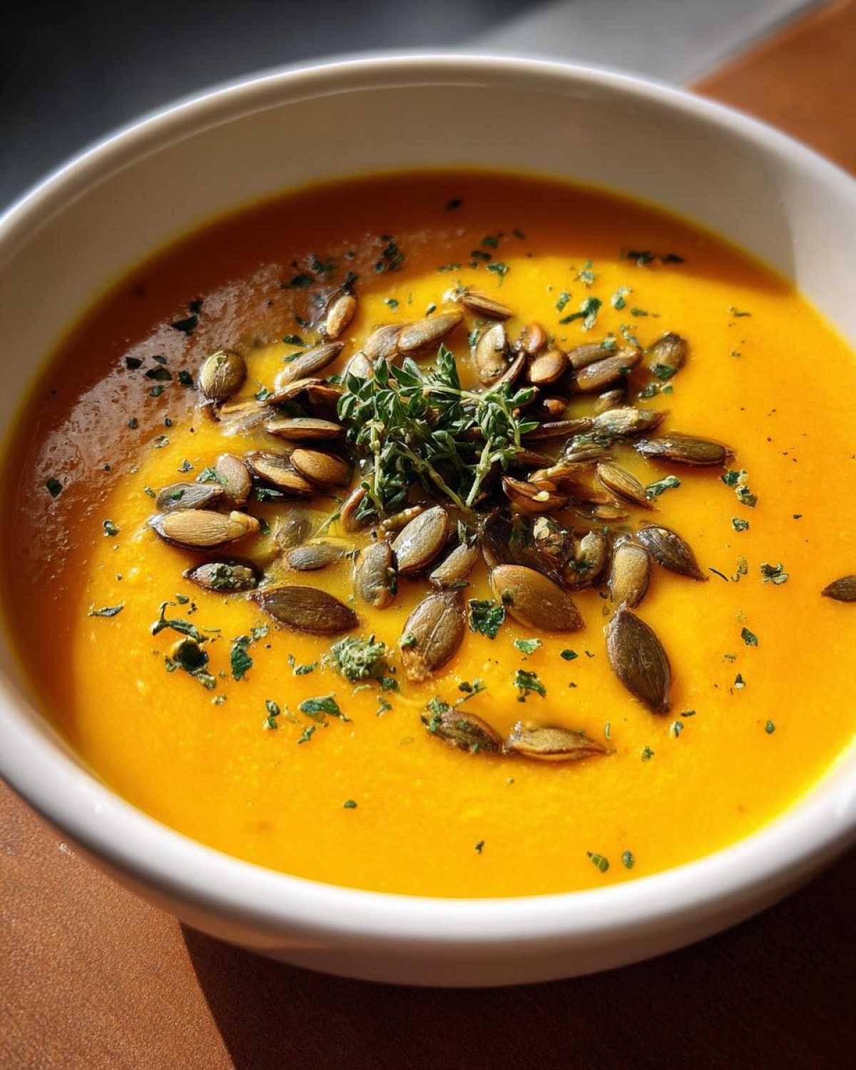 A bowl of creamy roasted butternut squash soup, garnished with pumpkin seeds and fresh herbs.