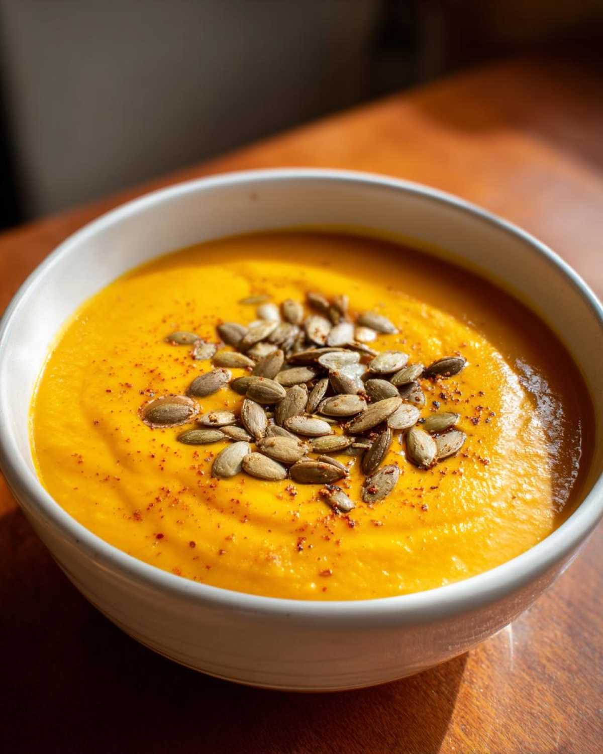 A bowl of vibrant roasted butternut squash soup, garnished with pumpkin seeds and a sprinkle of spice.