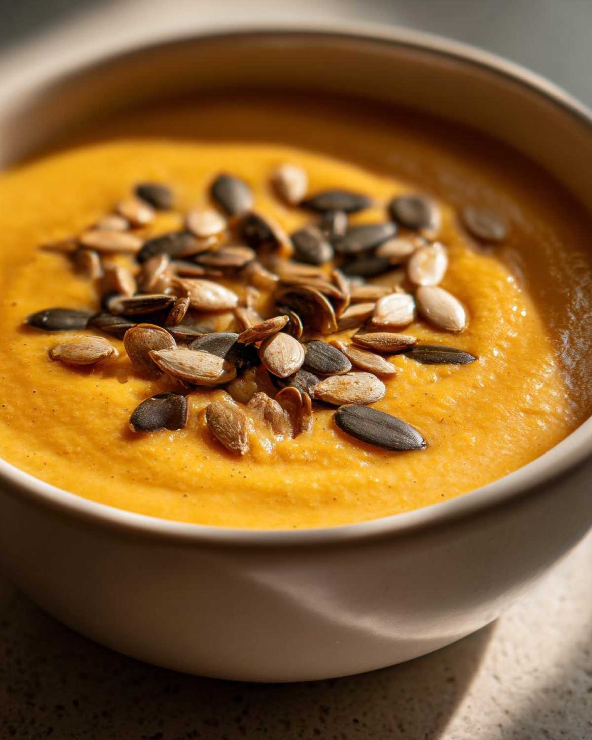 Close-up of a bowl of creamy roasted butternut squash soup topped with pumpkin seeds.