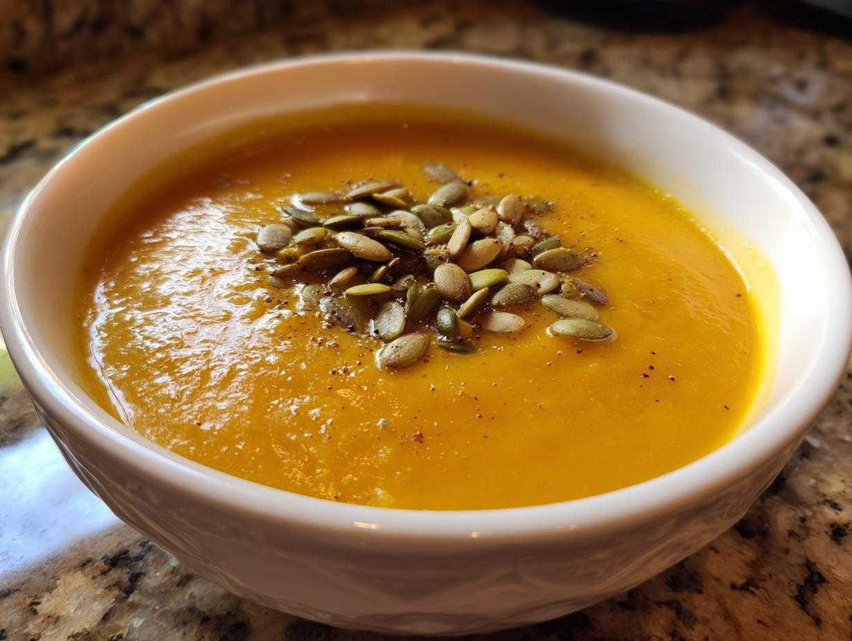 A bowl of creamy roasted butternut squash soup, garnished with pumpkin seeds and pepper.