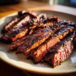 Close-up of sliced carne asada with a rich, flavorful Carne asada marinade, plated and ready to serve.