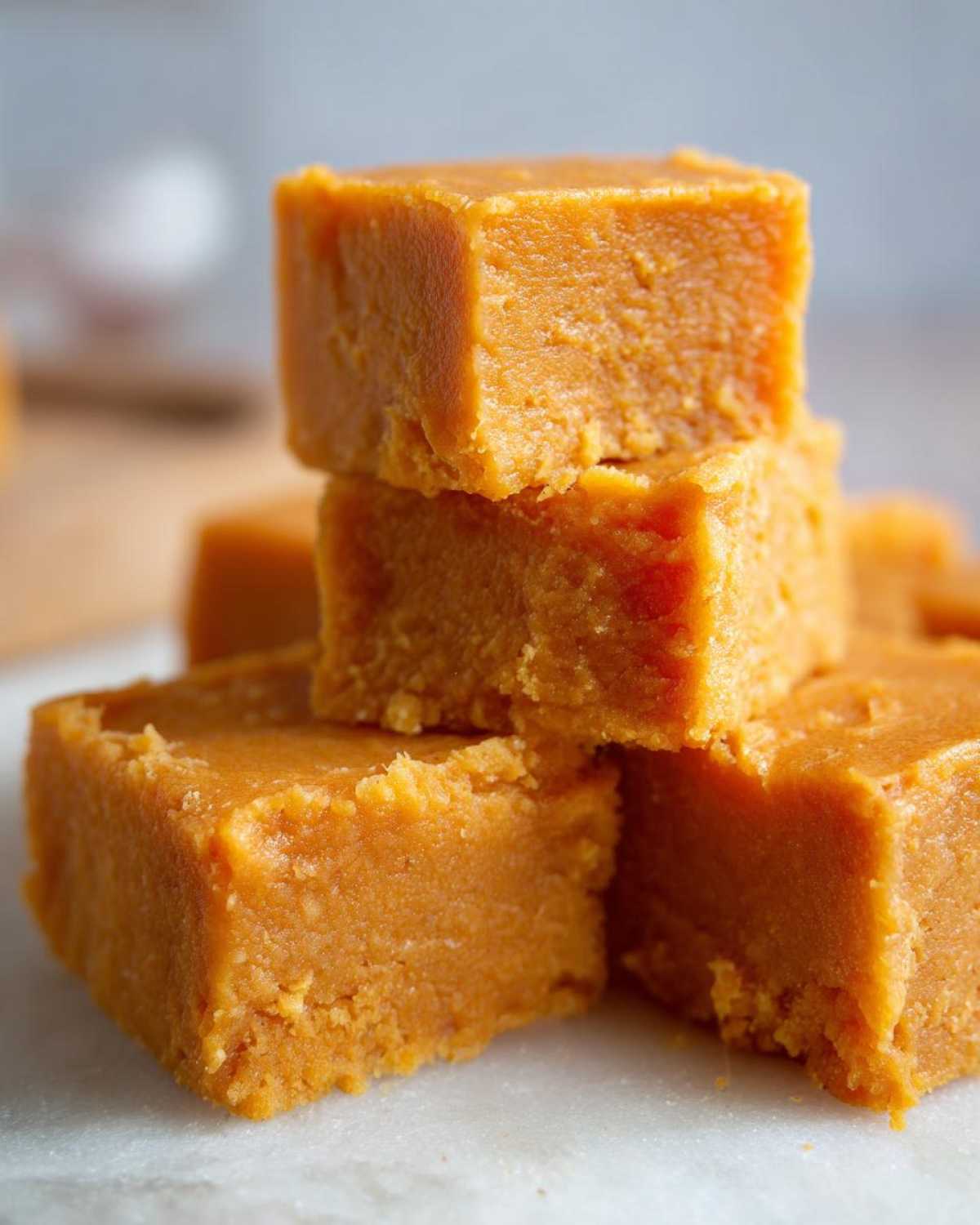 Close-up of stacked pieces of homemade pumpkin fudge, showing the texture and color.