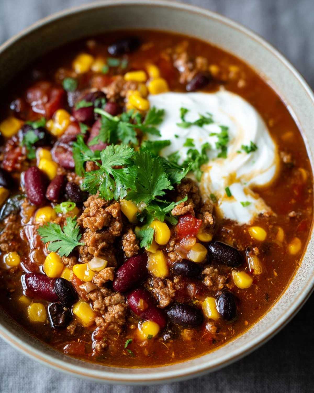 Close-up of a bowl of taco soup, garnished with sour cream and cilantro. Delicious and flavorful taco soup.