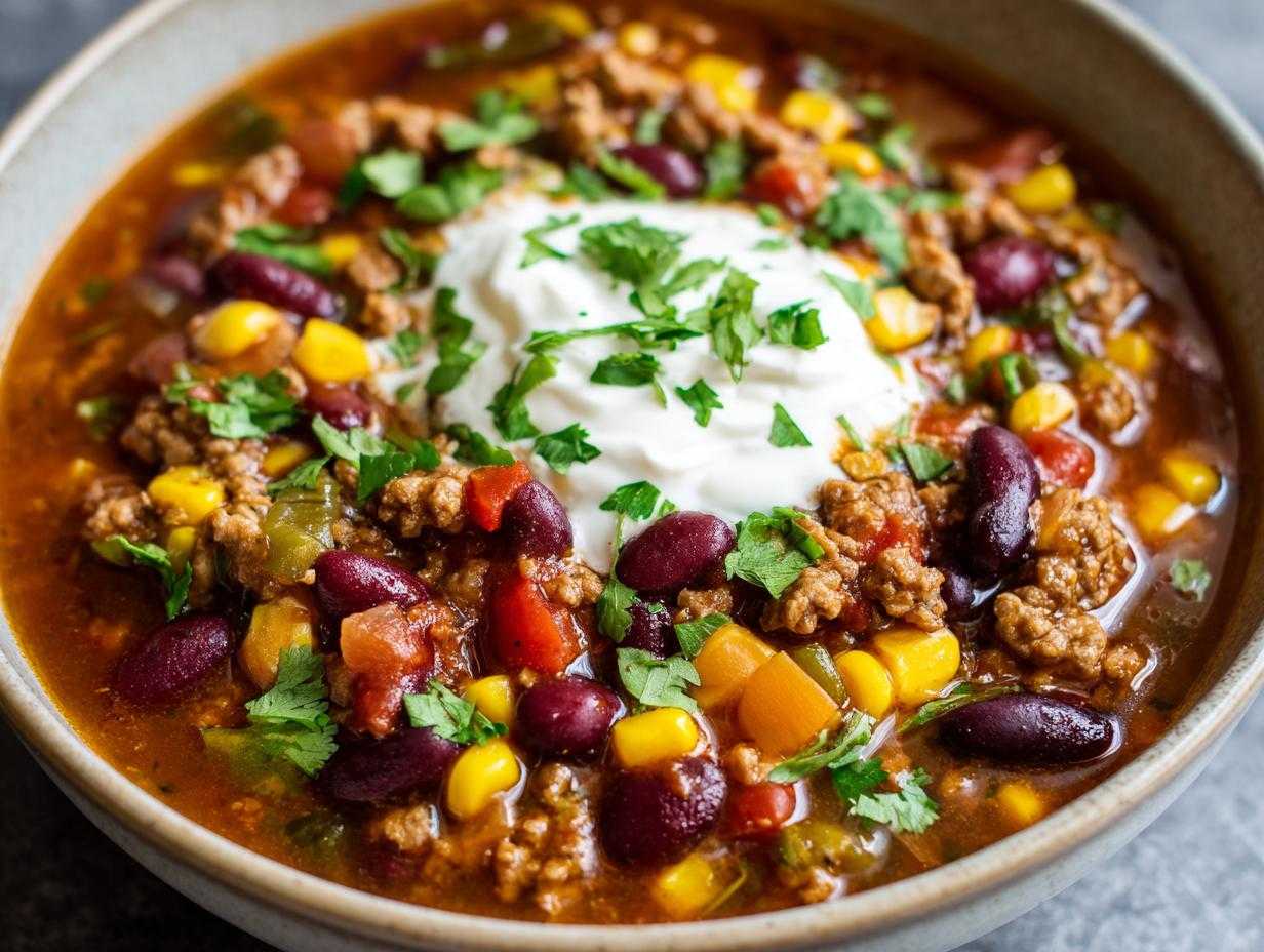 A delicious bowl of taco soup, topped with sour cream and fresh cilantro. A comforting and flavorful meal.
