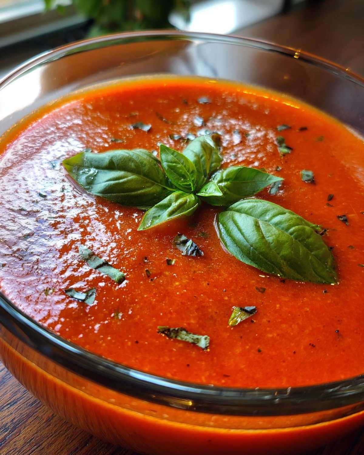 Bowl of tomato soup with fresh tomatoes, garnished with basil leaves. Close-up shot.