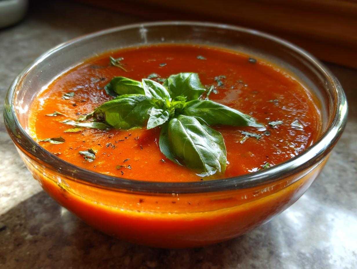 Bowl of vibrant tomato soup with fresh tomatoes, garnished with basil leaves and herbs.