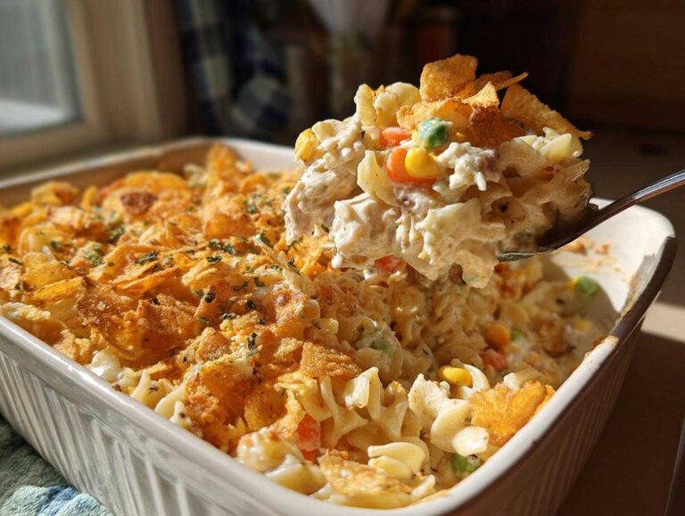 Serving of Tuna Casserole with pasta, vegetables, creamy sauce, and a crispy chip topping.
