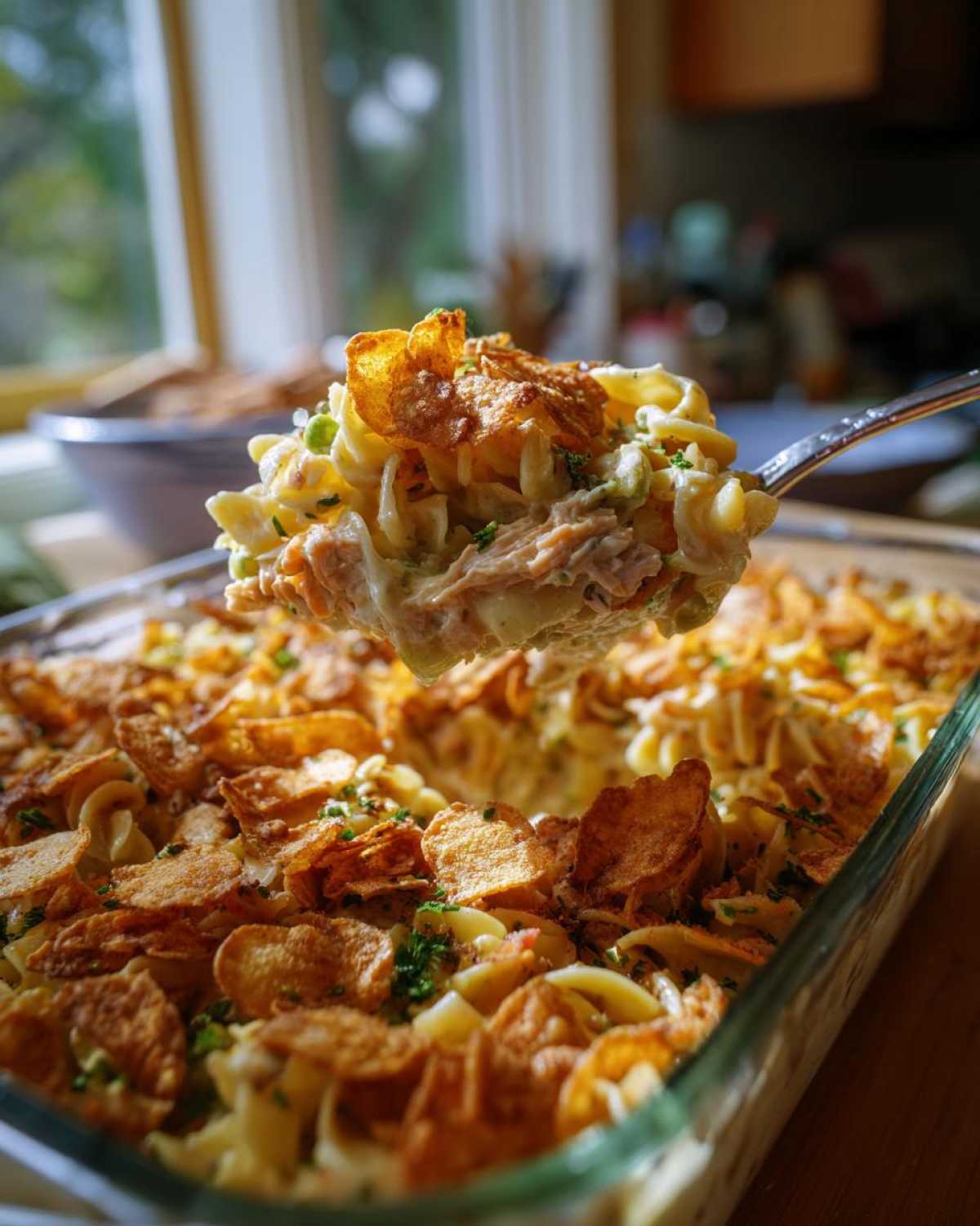 A serving spoon lifting a portion of creamy tuna casserole with noodles and potato chip topping.