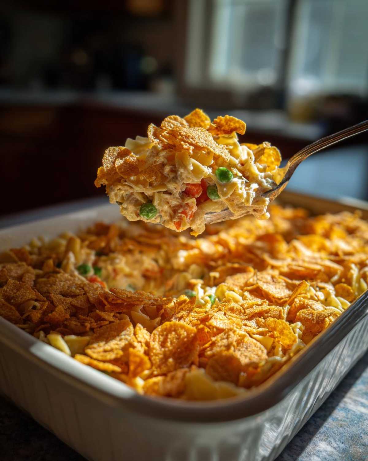 A spoonful of Tuna Casserole being lifted from a baking dish, showing the creamy filling and cornflake topping.