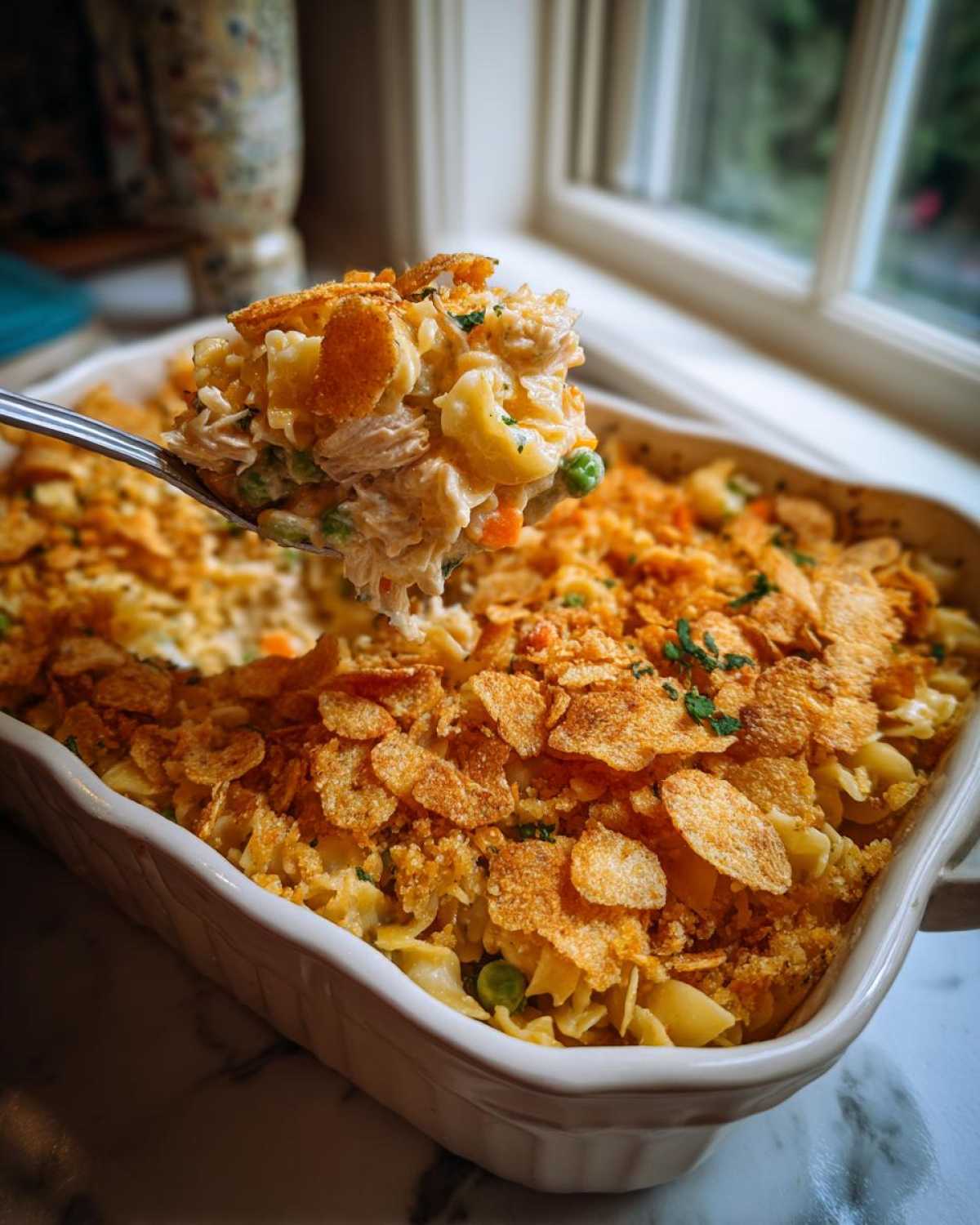 A spoonful of creamy Tuna Casserole being lifted from a baking dish, showing tuna, noodles, peas, and a crispy topping.