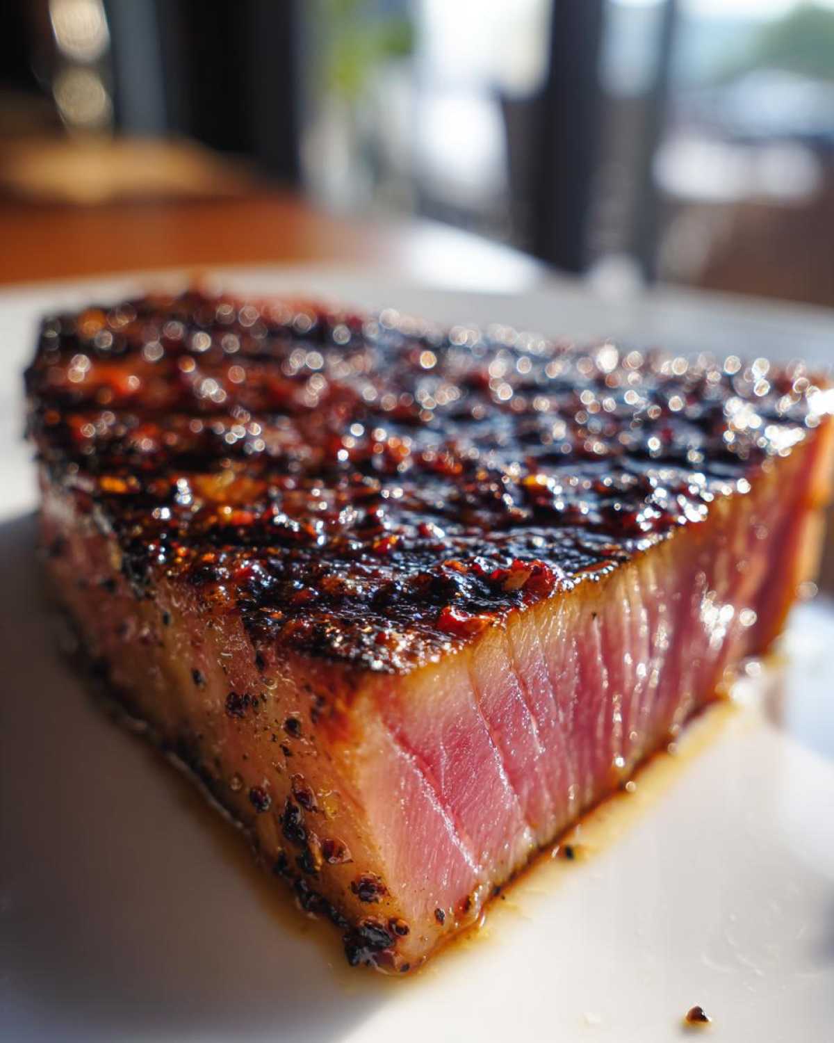 Close-up of a tuna steak with a delicious marinade, cooked to perfection.
