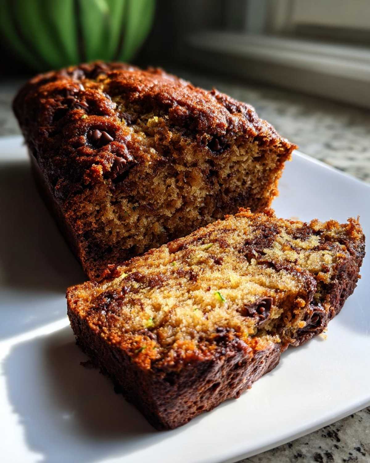 A loaf of zucchini banana bread with chocolate chips, sliced on a white plate, showcasing the moist texture.