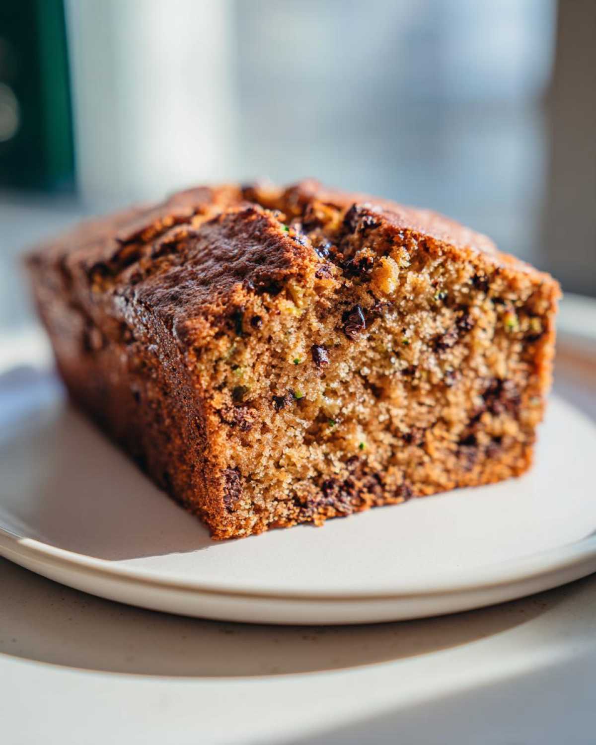A loaf of zucchini banana bread with chocolate chips, sitting on a white plate.