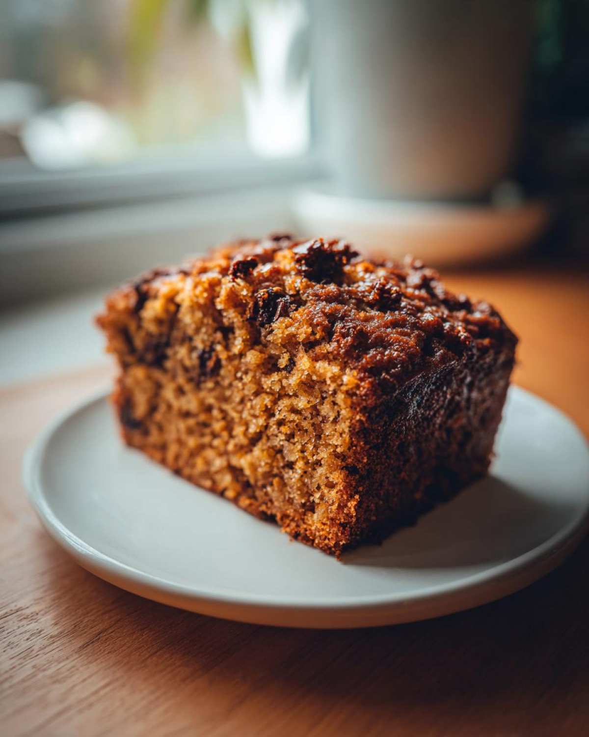 A slice of moist zucchini banana bread on a white plate, showcasing its texture and color.