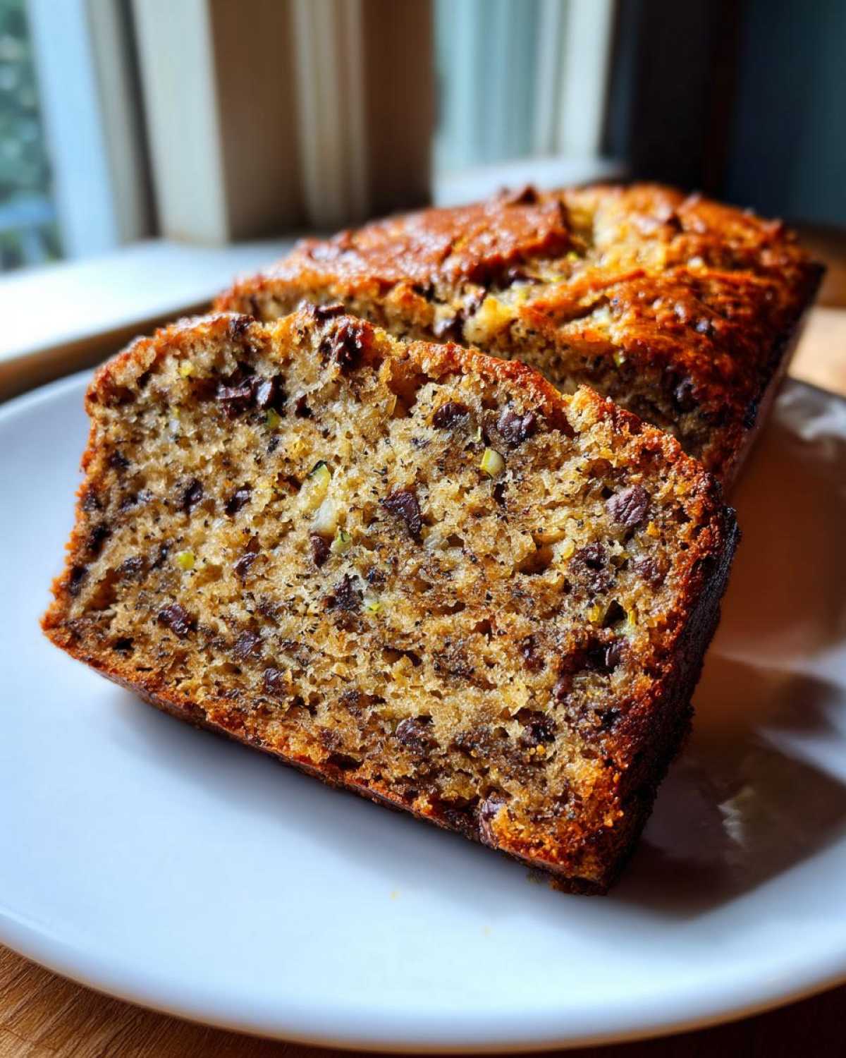 Close-up of sliced zucchini banana bread with chocolate chips on a white plate.