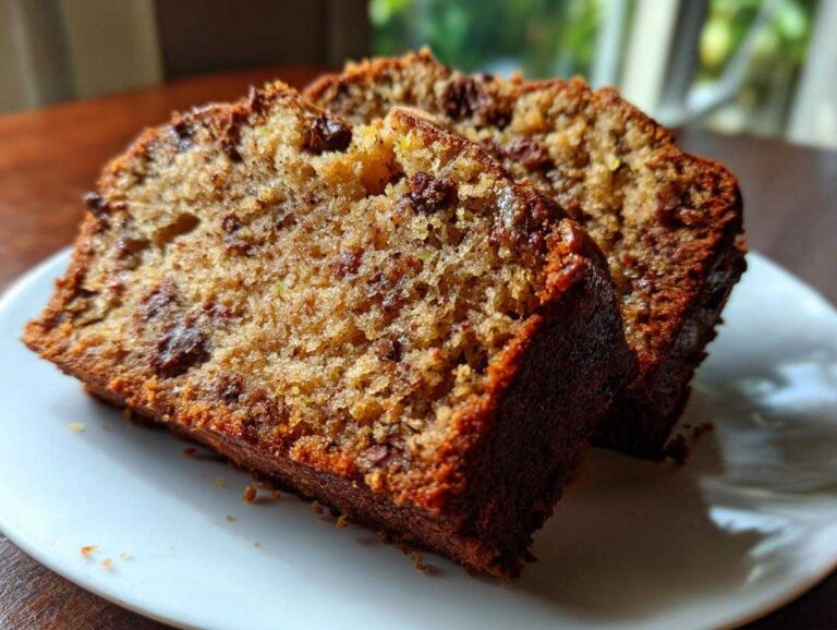 Two slices of moist zucchini banana bread with chocolate chips on a white plate, ready to eat.