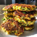A stack of golden brown zucchini fritters on a white plate, garnished with fresh herbs.