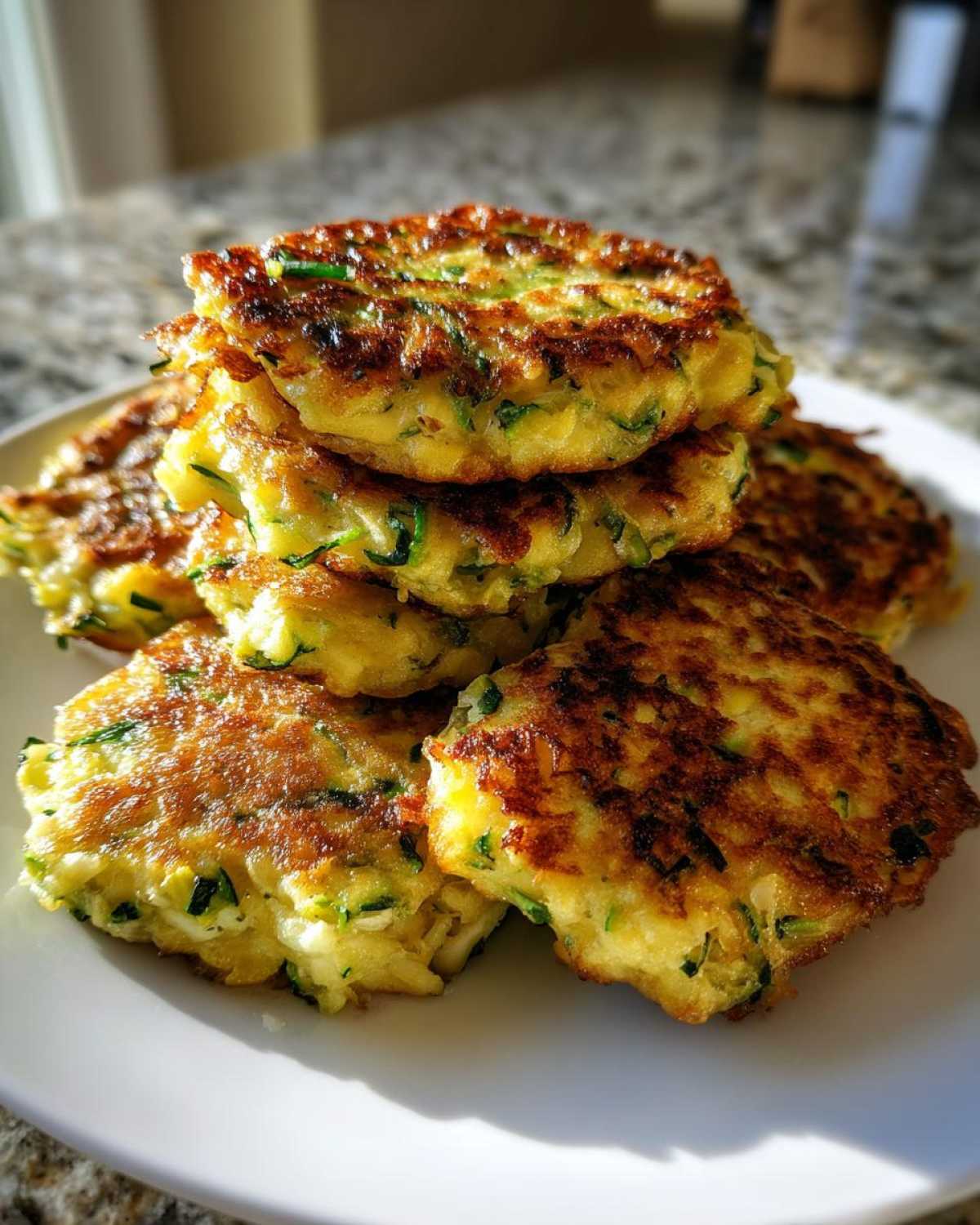 A stack of golden brown zucchini fritters on a white plate, showcasing their crispy texture and fresh zucchini.