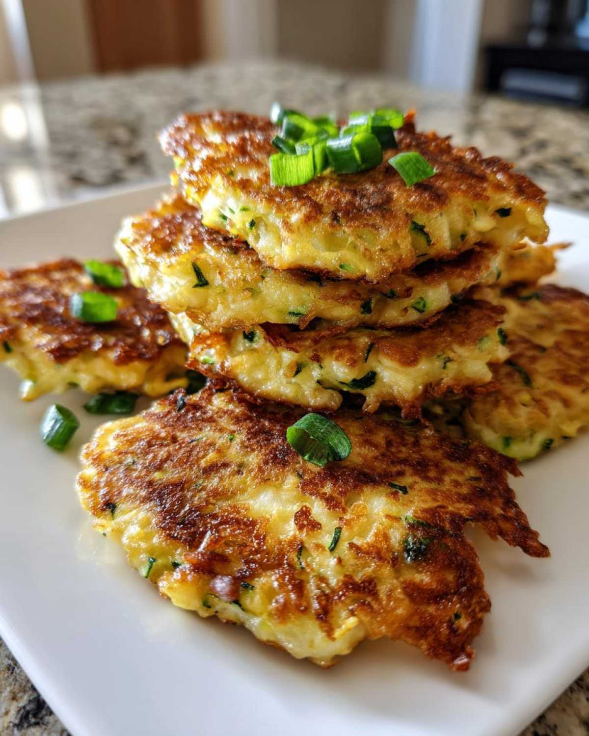 A stack of golden brown zucchini fritters topped with chopped green onions on a white plate.