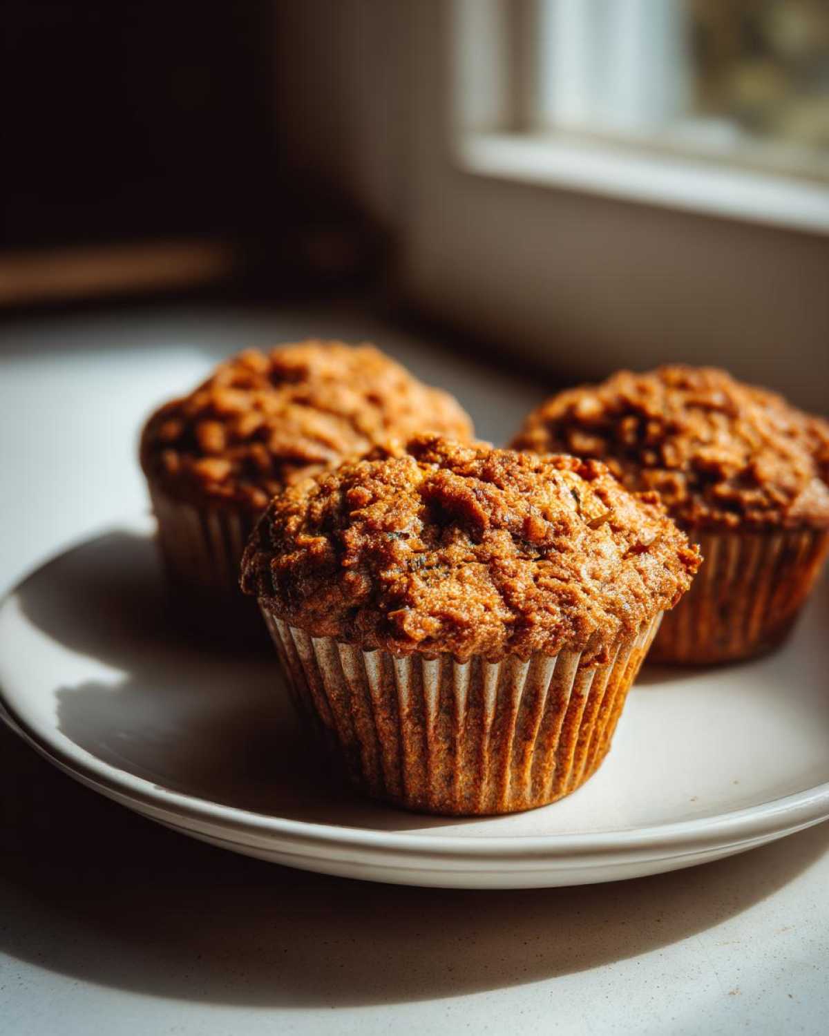 Three freshly baked zucchini muffins arranged on a white plate, showcasing their golden-brown tops.