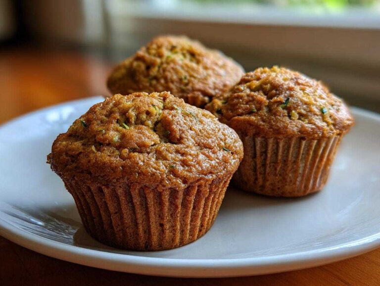 Three delicious zucchini muffins on a white plate, showcasing their moist texture and golden-brown color.