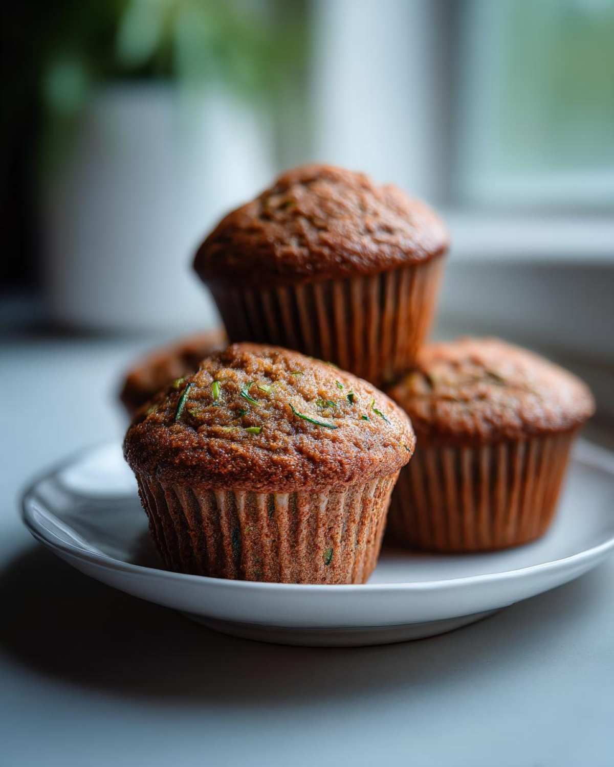A stack of freshly baked zucchini muffins on a white plate, showcasing their texture and moistness.