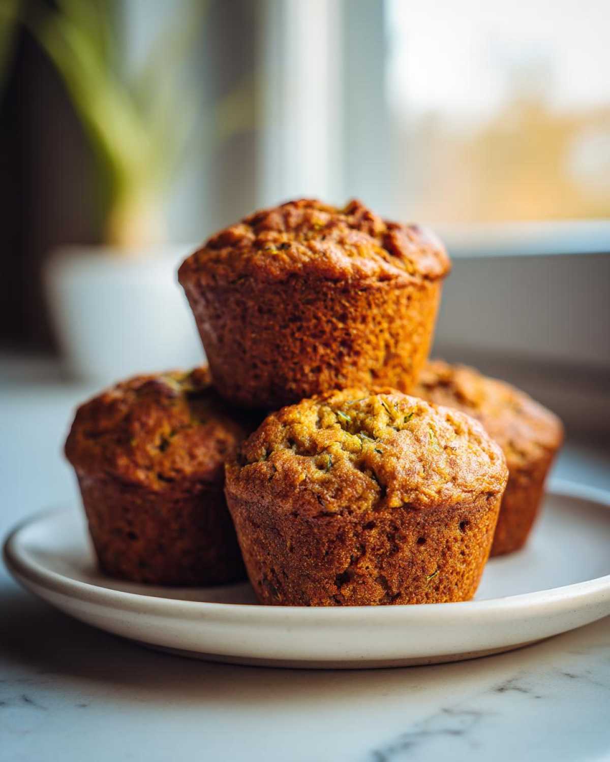 A stack of four homemade zucchini muffins on a white plate, showcasing their golden-brown color and texture.