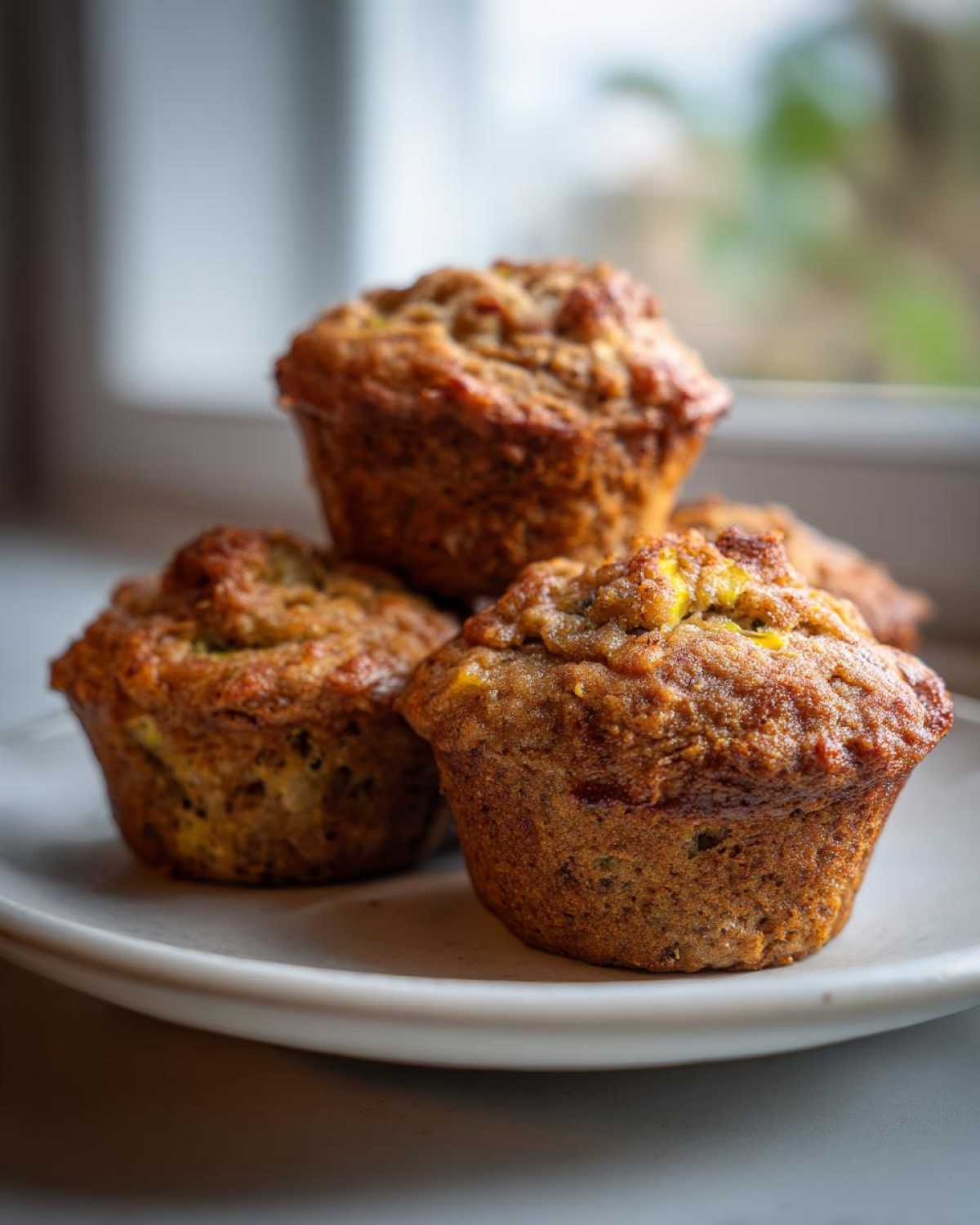 A stack of freshly baked zucchini muffins on a white plate, ready to eat.
