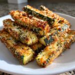 Crispy Air fryer garlic Parmesan zucchini fries on a white plate, ready to eat.
