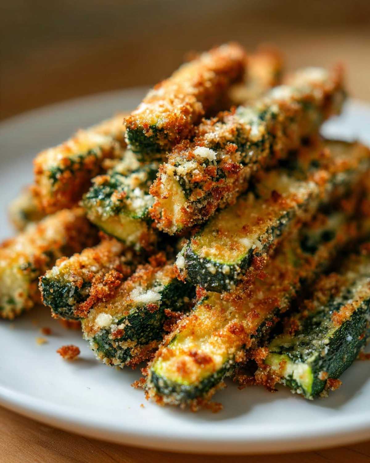 A plate of crispy air fryer garlic Parmesan zucchini fries, golden brown and sprinkled with Parmesan.