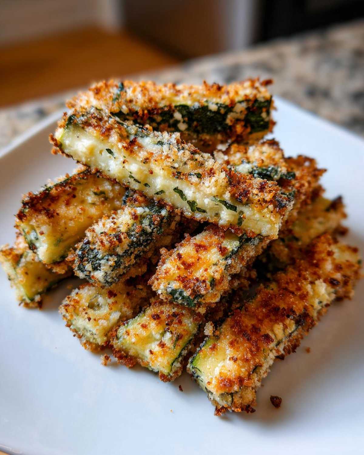 A stack of crispy air fryer garlic Parmesan zucchini fries on a white plate, golden brown and delicious.