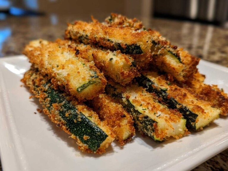 A plate of crispy air fryer garlic Parmesan zucchini fries, golden brown and ready to eat.