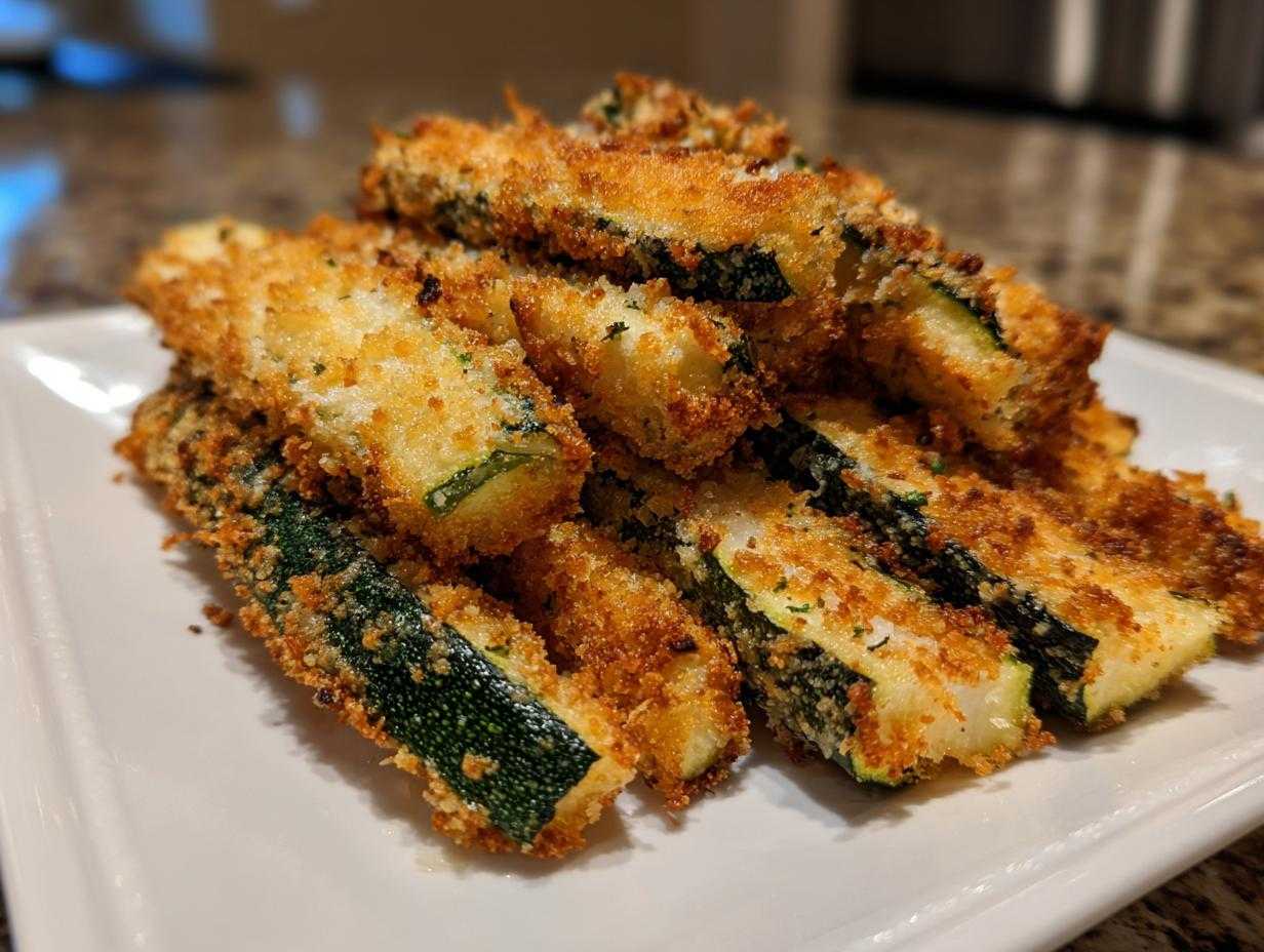 A plate of crispy air fryer garlic Parmesan zucchini fries, golden brown and ready to eat.