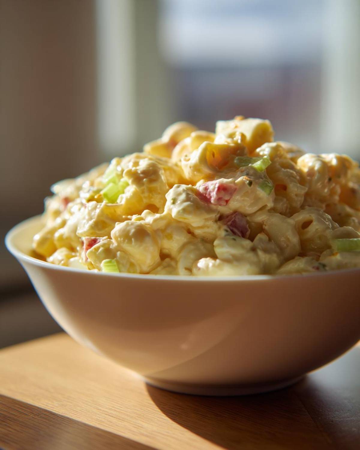 A bowl of creamy Amish macaroni salad featuring elbow macaroni, celery, and red bell peppers.